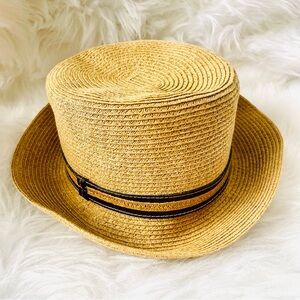 Nine West Tan Woven Straw Hat with Brown Vegan Leather Band Accent